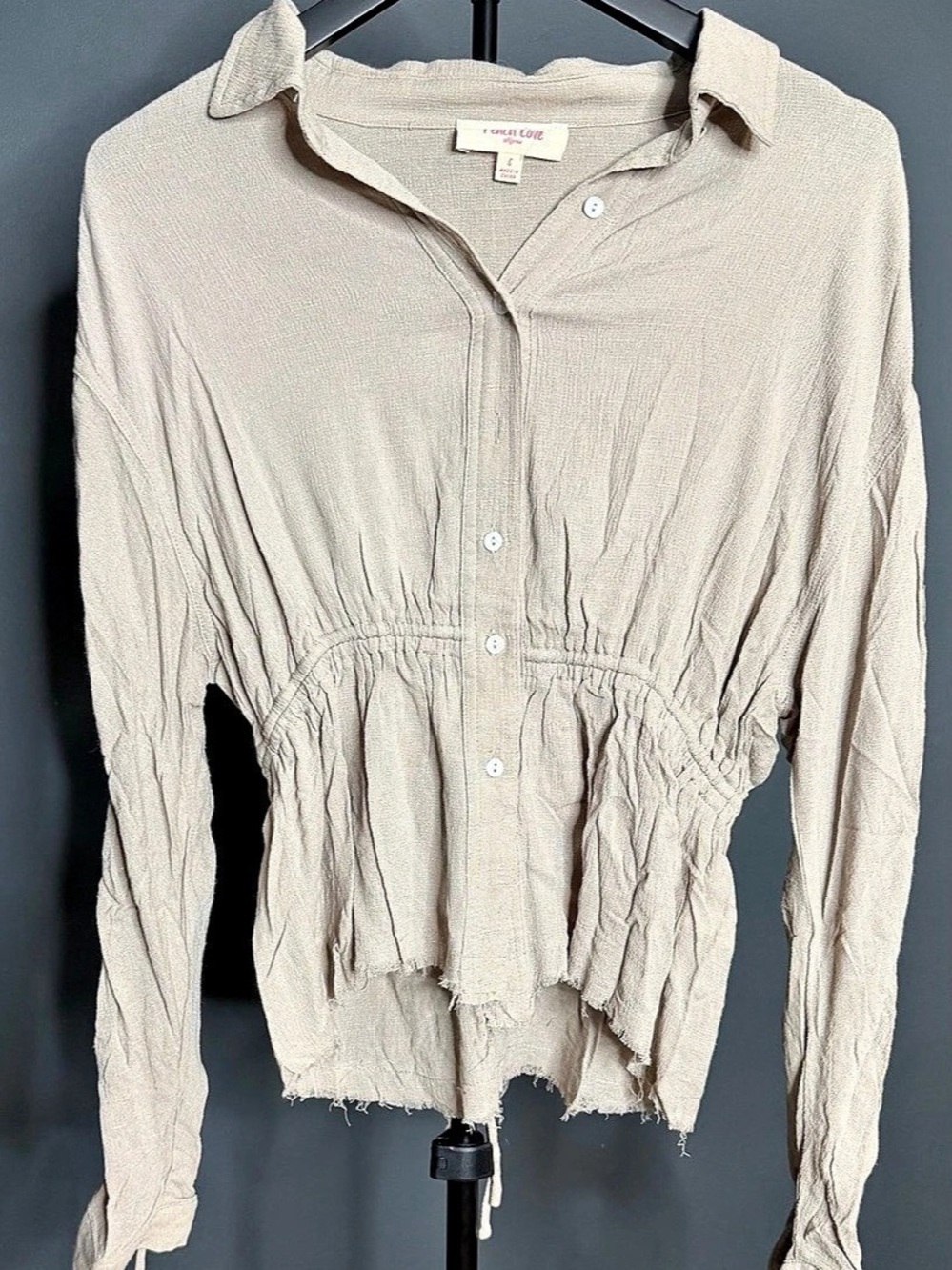Peach Love Taupe Drawstring Waist Button-Up